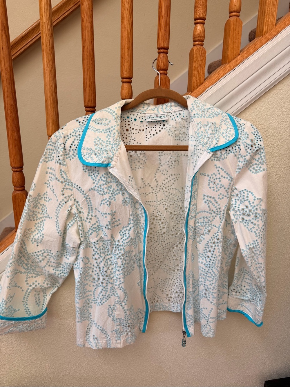 Patchington White Jacket with Aqua Dot Floral Print and Aqua Trim